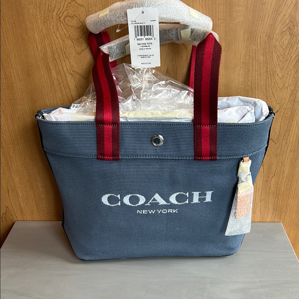 Coach Navy Canvas Tote with Burgundy Straps